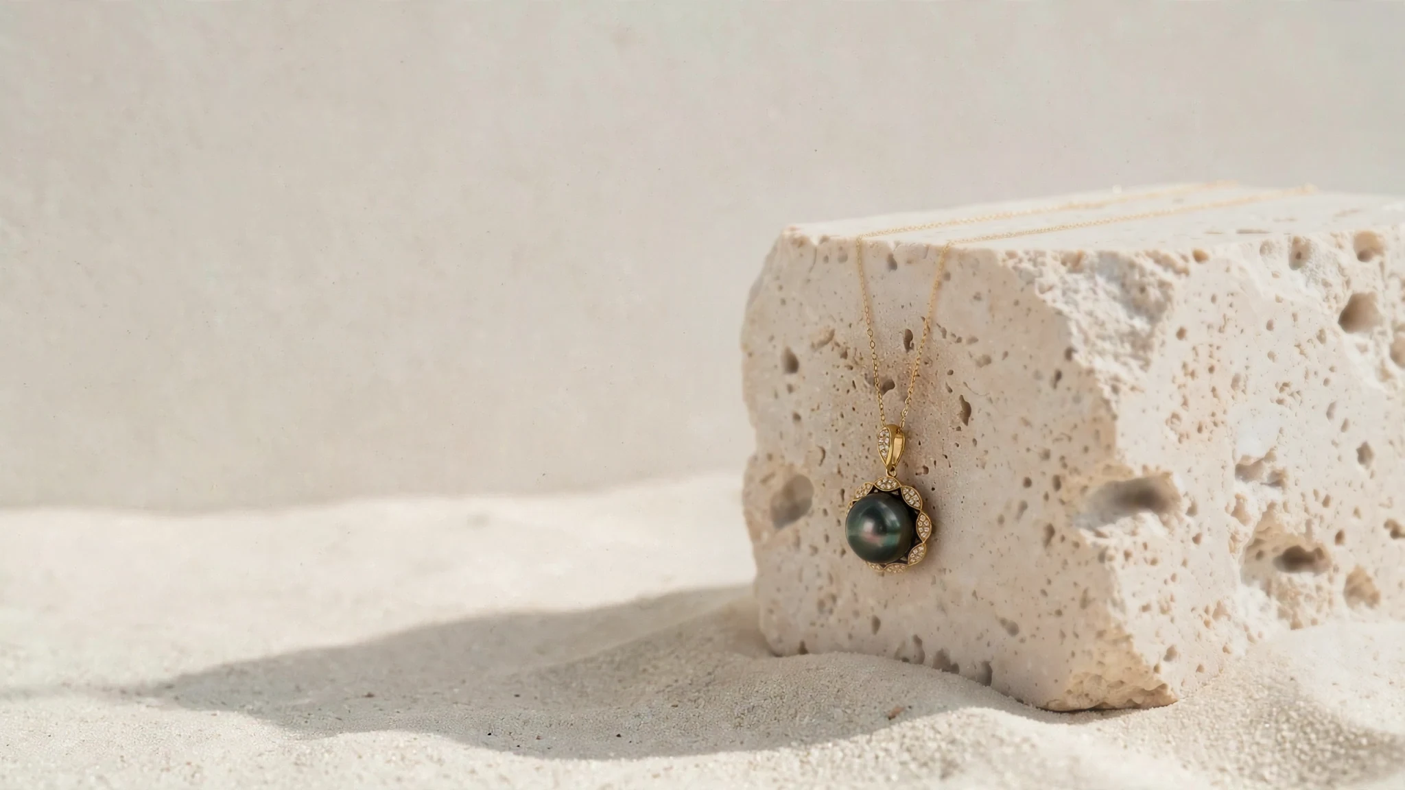 Dark pearl pendant on a gold chain, draped over a travertine block on sand